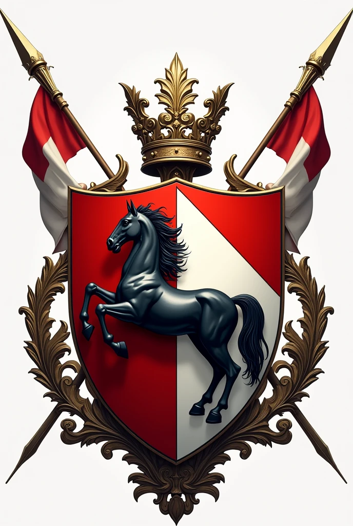 Coat of arms with the shield divided in half with the colors red and white , a black horse in the center of the shield, at the bottom of the coat of arms there are spears crossing behind and at the tip of the spears a red and white flag