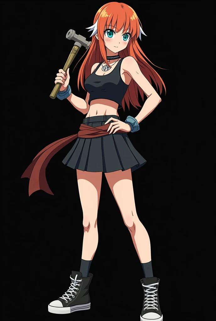 A full body image of an 1 girl named Hana Watanabe, personagem do anime "dragonball z", she is very beautiful, with medium length straight fire-colored hair with two white highlights in the front, framing your face. She has blue-green eyes and pale skin.. she is a Wiccan, she is in fighting pose. she wears a pentagram necklace, croped, glued skirt, beautiful women's high-top shoes and ¾-long socks, she holds a nail hammer and small nails. It is drawn with Akira Toryama's animation. black backdrop.