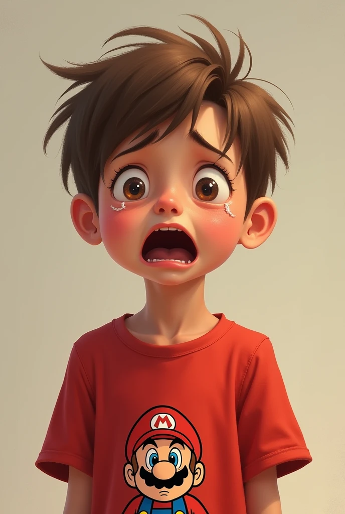 create a playful boy with a red shirt with mario bros face print , super short light brown hair and fair skin, lightbrown eyes, fine nose, no freckles,thin body crying a lot