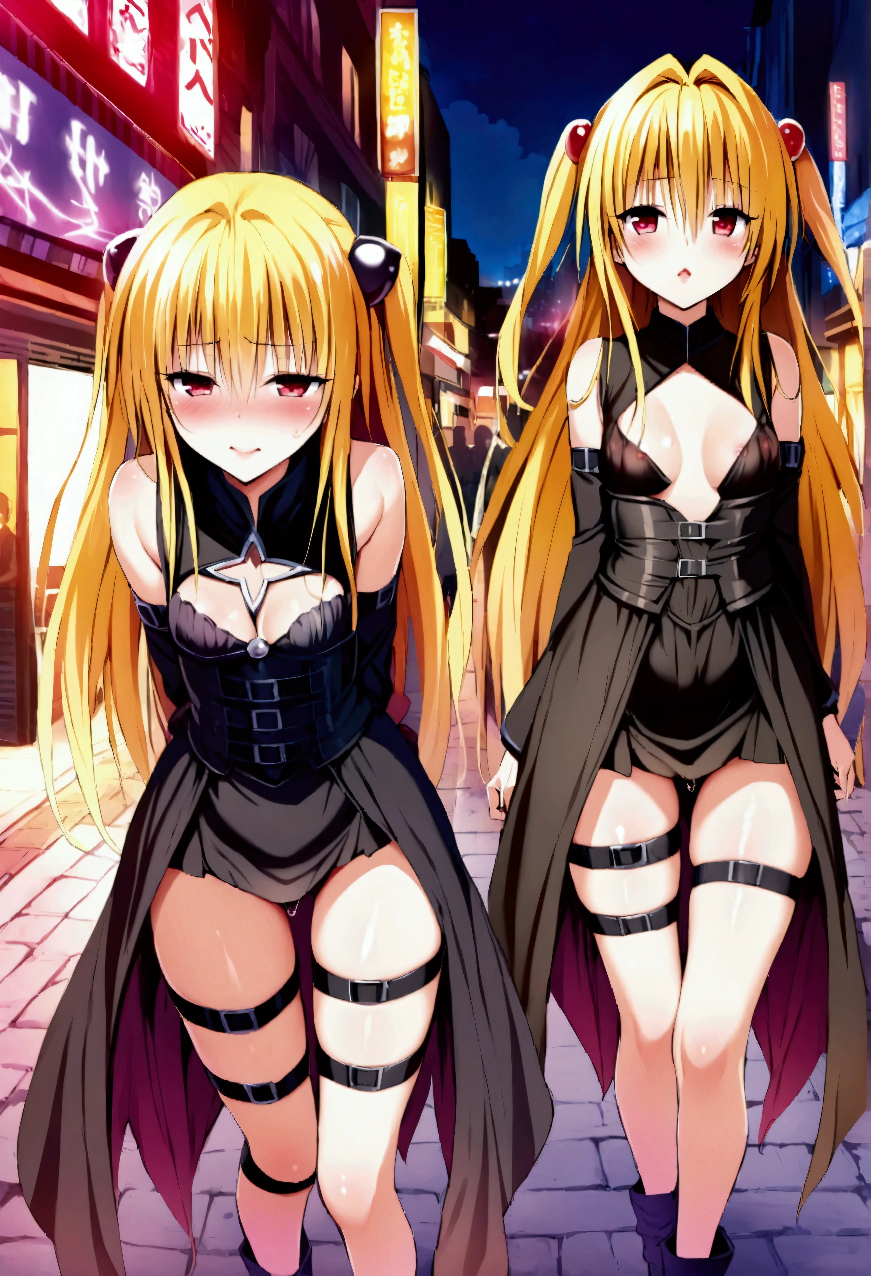 NSFW,masterpiece,Highest quality,High resolution,Very detailed,Golden Darkness\(To Love-Ru\),Blonde,Red eyes,long hair,Two Side Up,Small ,Black Dress,Sleeveless,Removable sleeves,belt,Cleavag,Cutouts for clothes,Thigh straps,Knee socks,hair ornaments,(Lustful face),Dtisfied face,blush,Are standing,Nightlife,In town