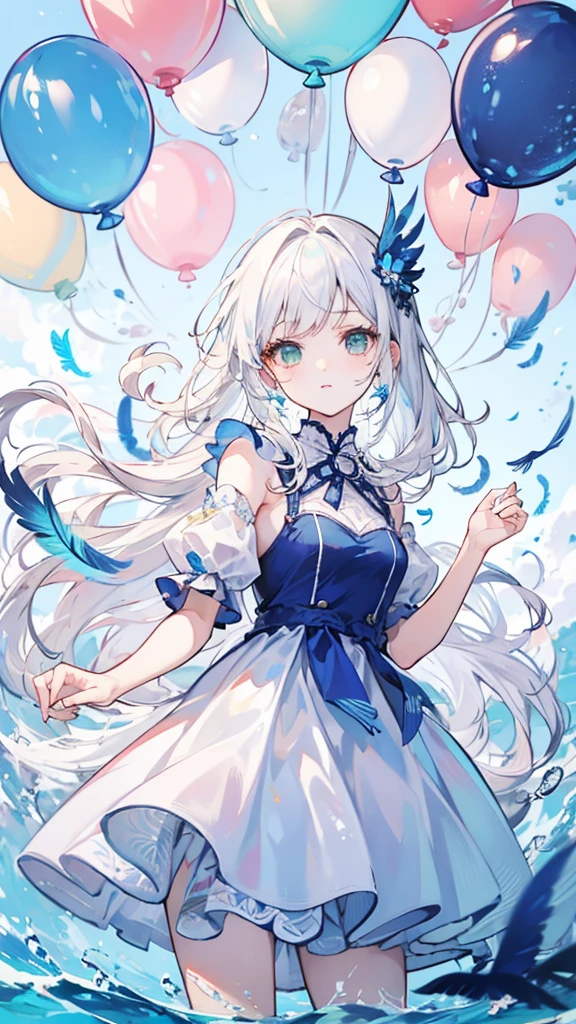 White Hair、Wavy Hair、Long Hair、Blue-green eyes、Blue-green balloon、Blue feathers、White Feather、White Bird、Water Drop、jellyfish