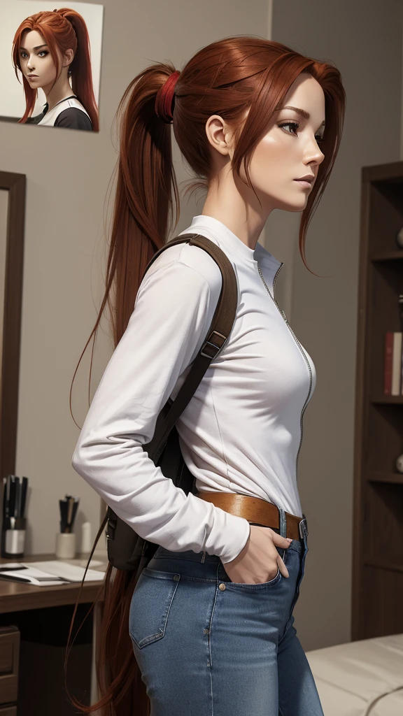 (draw) ((masterpiece, best quality)) (character design sheet, same character, front, side, back, with words written around it) a woman with long, red hair and a ponytail hairstyle, brown eyes, wearing a bulletproof vest, a long-sleeved T-shirt with the zipper closed, a white shirt and jeans, backpack, standing relaxing