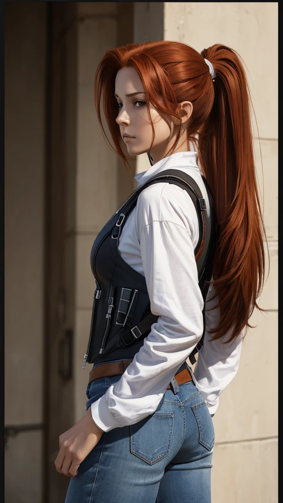(draw) ((masterpiece, best quality)) (character design sheet, same character, front, side, back, with words written around it) a woman with long, red hair and a ponytail hairstyle, brown eyes, wearing a bulletproof vest, a long-sleeved T-shirt with the zipper closed, a white shirt and jeans, backpack, standing relaxing
