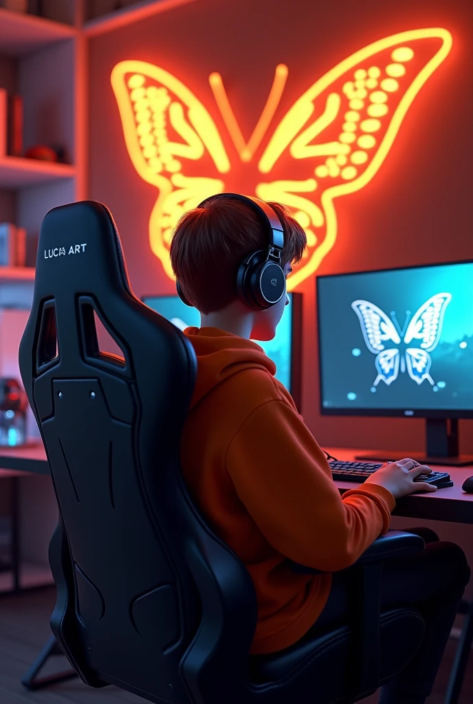 Filme poster, borboleta, ficção científica, Filme, Atmosfera, céu, Create a realistic 3D image of a boy sitting in a gaming room on a gaming chair and playing the Free Fire app on his pc. The boy should be wearing a dark orange hoodie and headphones and his name "Lucas Artt" is written on the wall in orange neon light.