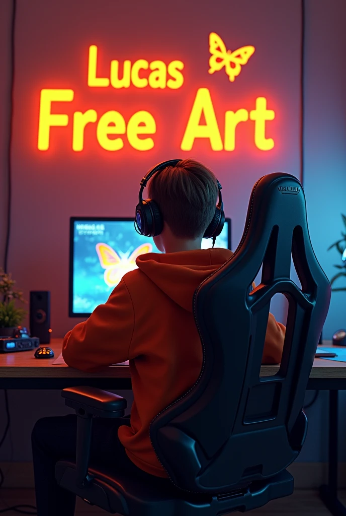 Filme poster, borboleta, ficção científica, Filme, Atmosfera, céu, Create a realistic 3D image of a boy sitting in a gaming room on a gaming chair and playing the Free Fire app on his pc. The boy should be wearing a dark orange hoodie and headphones and his name "Lucas Artt" is written on the wall in orange neon light.