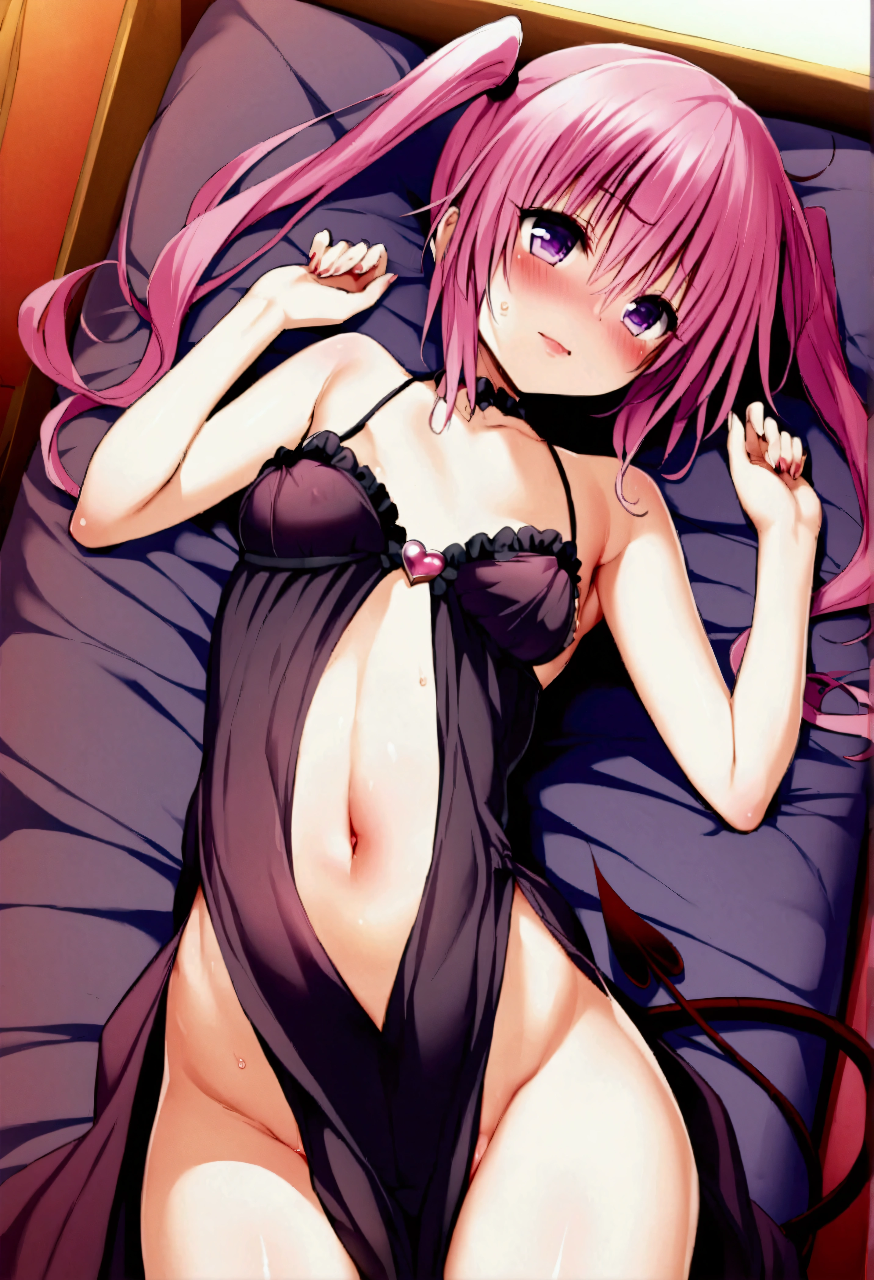 NSFW,masterpiece,Highest quality,High resolution,Very detailed,Nana Asta Deviluke\(To Love-Ru\),Pink Hair,Purple Eyes,long hair,Twin tails,tail,Devil&#39;s Tail,Small breasts,(High quality sexy dress),is nervous,(Lustful face),Nightlife,Love Hotel,(Prostitute),(Sex slave),Lying down,Lying on your back