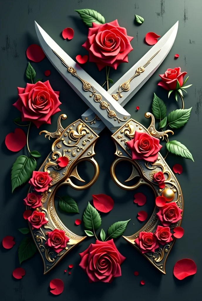 Buchcover, 
weapons decorated with roses 