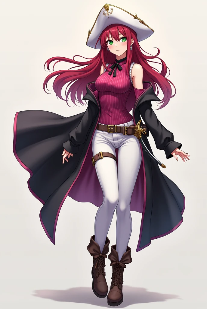 oc anime female, human race, long loose wine-colored red hair and eyelashes of the same color, greenish eyes, fair skin, white musketeer hat, magenta striped sleeveless shirt, black sleeveless coat, white pants, brown leather boots, disconnected shoulder sleeves of the same color as the shirt, black fingerless gloves and a pirate sword.