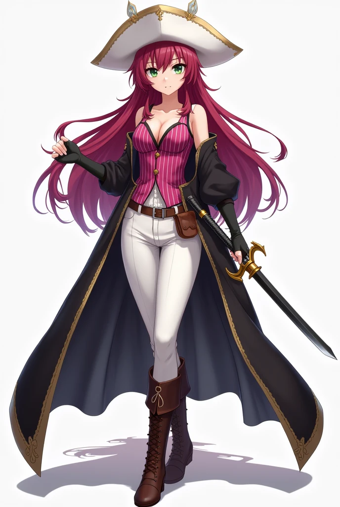 oc anime female, human race, long loose wine-colored red hair and eyelashes of the same color, greenish eyes, fair skin, white musketeer hat, magenta striped sleeveless shirt, black sleeveless coat, white pants, brown leather boots, disconnected shoulder sleeves of the same color as the shirt, black fingerless gloves and a pirate sword.