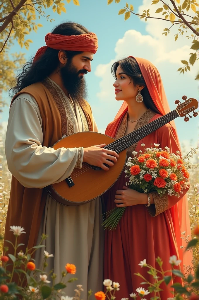 afghan couple both are in  simple shalwar qames dress man wear pakol playing Rubab instrument while women hold flowers man have beared and long hair