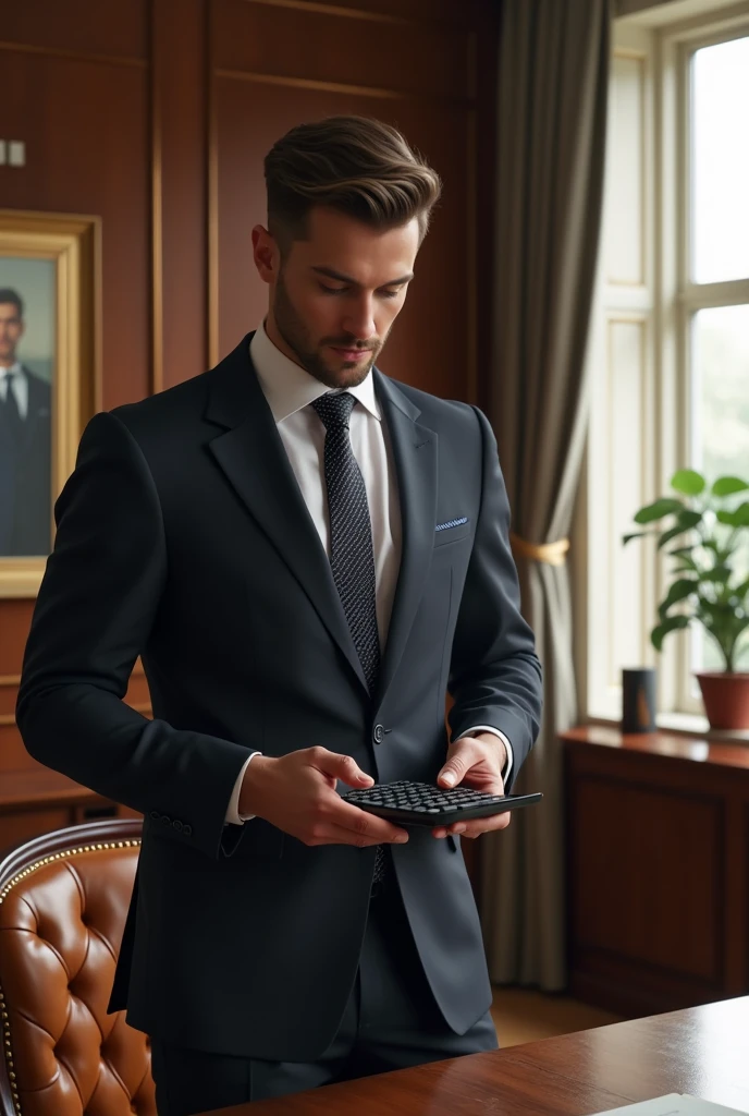 Handsome and attractive nweton working on calculator wearing formal suit luxurious office