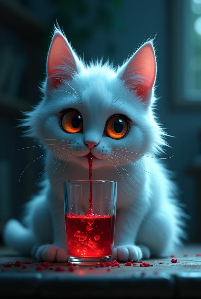 The moment the white cat drinks the zehreela drink, with a close-up on the glass.
The cat's transformation into a zombie with glowing red eyes and dark shadows around it. Pixar style