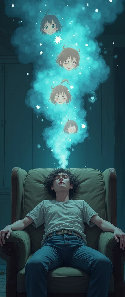 A very tired looking young man is lying on the couch in the dark room with his eyes closed, dressed in worn-out clothes, and in his imaginary world, has a big bright mist over his head and in the mist, anime girls smile happily.