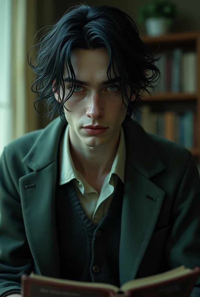 Tall thin man, cloudy green eyes, raven hair, ear length hair, jade like skin, pale skin, british professor outfit, messy outfit, cosy room, cold colors, correct anatomy, realistic, very detailed