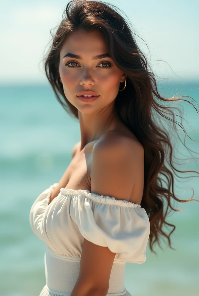 a beautiful girl with big breasts, detailed face and eyes, long eyelashes, pink lips, wearing a white midriff dress, off shoulder,standing in a oceany background, (best quality,4k,8k,highres,masterpiece:1.2),ultra-detailed,(realistic,photorealistic,photo-realistic:1.37),highly detailed portrait,cinematic lighting,vibrant colors,soft focus,smooth skin,elegant,graceful pose