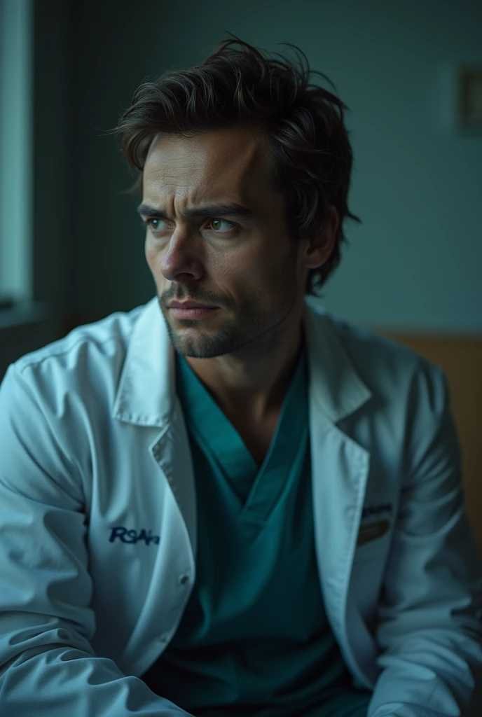 Generate an image of a sad healthcare professional after conflict with a coworker