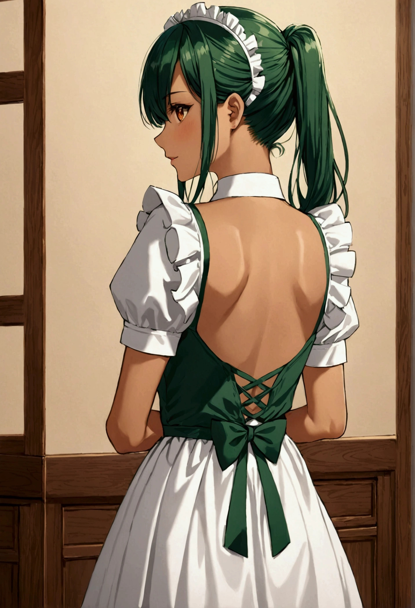 Tan skin Girl Back view
dark green long hair with sideshave undercut side undercut maid uniform amber eyes happy very dense hair