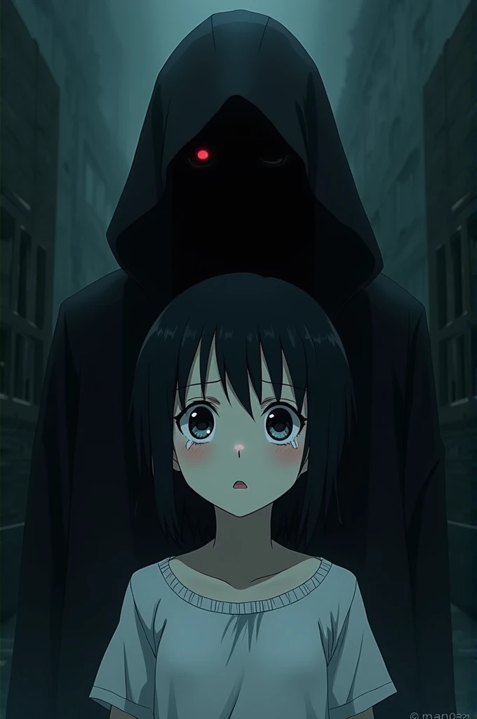 I want an image for a mystery story where a white girl with black hair and tears in her eyes appears.,where she is being harassed by an evil shadow that the animation style is similar to anime wing 