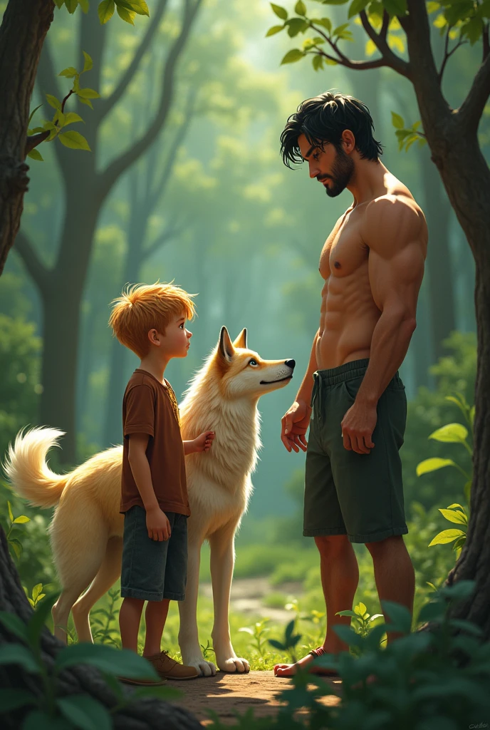Cute age boy with short strawberry blonde hair wearing sweatpants and no t-shirt in the forest looking handsome with his dad with defined body green eyes short wavy black hair showing something to his son (wolves beautiful werewolves of strawberry blonde color white tail on the tip son, and green-eyed parents by the big black wolf) teaching your son to be a wolf