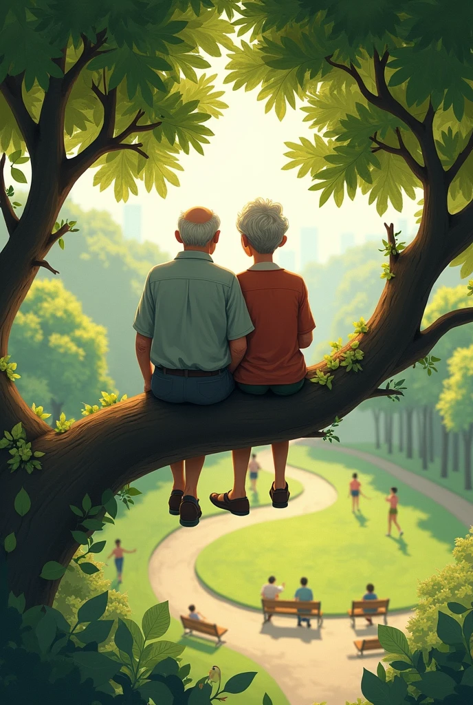 Make an elderly couple sitting on top of tree branches in a park