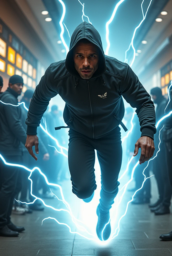 A dynamic shot showing John moving at super speed, depicted as a streak of light zipping through the bank. He is shown in multiple positions, disarming a robber, knocking another to the ground, and tying them up with rope, all within the same frame to emphasize his incredible speed.make the trails of thunder behind him be White and straight,let people stand around him as he runs through, let him not were a costume, let it not be a suit that he weres