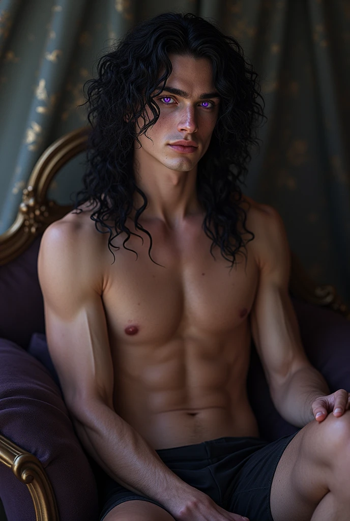 A Handsome Hot naked Aesthetic Targaryen Prince with long curly black hair , purple eyes.Sittion a. Cushion 