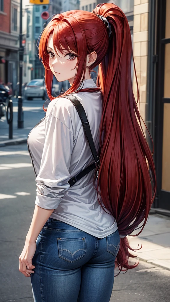 (draw) ((masterpiece, best quality)) (character design sheet, same character, front, side, back, with words written around it) a woman with long, red hair and a ponytail hairstyle, brown eyes, wearing a bulletproof vest, a long-sleeved T-shirt with the zipper closed, a white shirt and jeans, backpack, standing relaxing