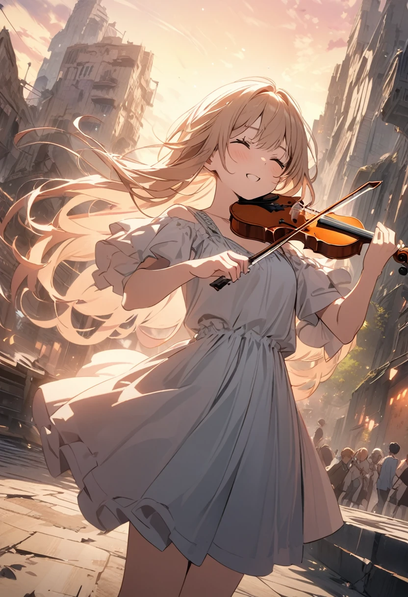 anime style, score up_9,score up_8,score up_7,masterpiece,best quality,super fine illustration, super detailed, dynamic angle, beautiful detailed, 8k,a girl is playing violin on the apocalypse city. BREAK She has her eyes closed, with a dreamy expression on her face. BREAK Her hair flows gracefully in the wind as the soft light of the sunset envelops her.BREAK: The Collapsed City,detailed background,BREAK perfect face,perfect hands,perfect fingers,