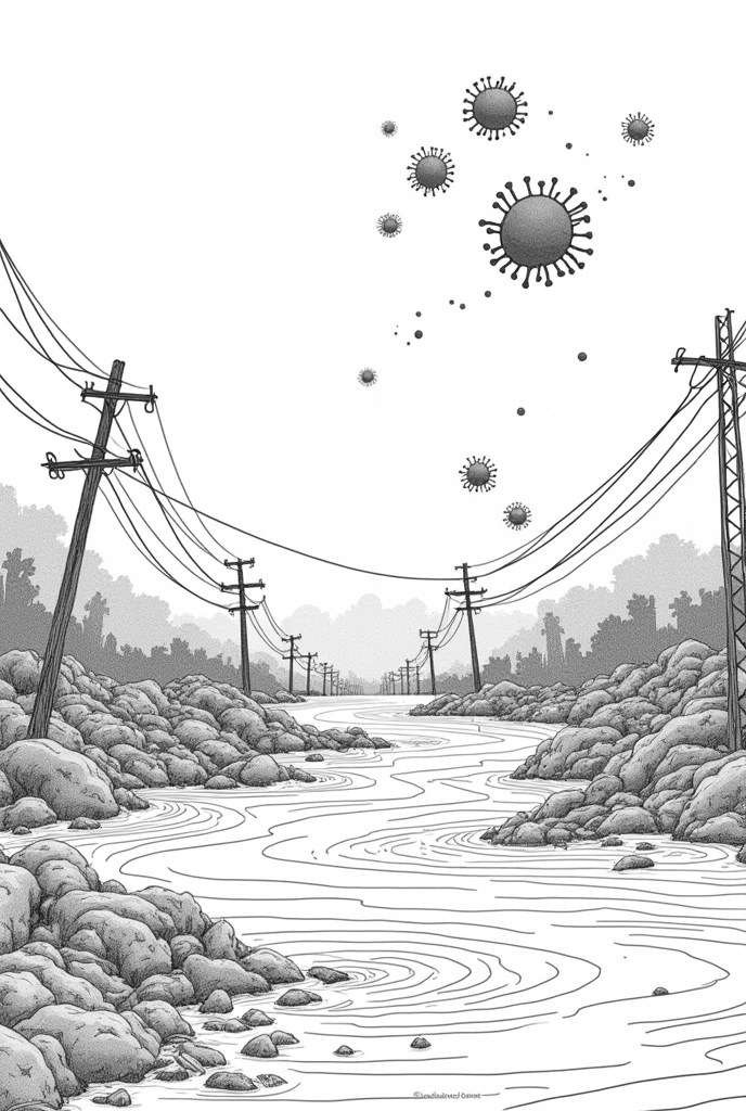 Make a black and white image related to the floods of Rio Grande do Sul with some viruses in the air with the name covid 19 c highlighted in the image in the image of drawings to color, with space to put my name and the series I study small in some corner please