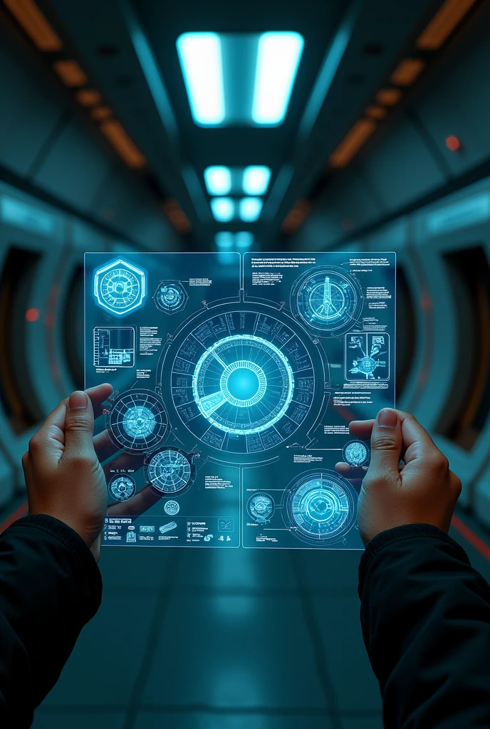 Spaceship internally, FIRST PERSON POINT of crew member holding a technological map of spacecraft locations with only the arms showing, dark climate with little lighting
