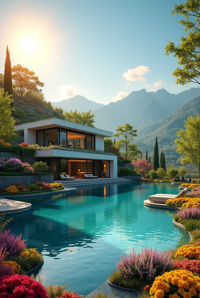 a modern mansion with an infinity pool and lots of colorful flowers in the garden around it, and in the background a blue sky with sun and mountains with spring colors