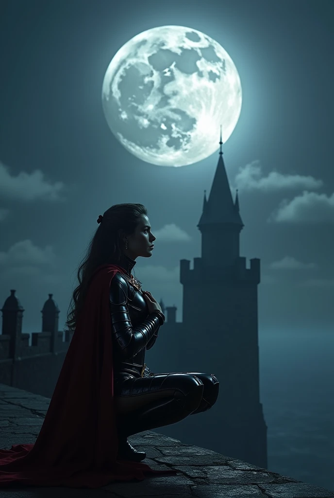 ((masterpiece, top quality, high resolution, highly detailed CG unified 8K wallpaper)), (huge stunning goddess shot, very hot and sexy, jaw dropping beauty, perfect proportions, beautiful body, slim body beauty:1.3),  Moonlit Confession, On the balcony of an old castle at night, a female knight crouches on one knee and gazes at you, A female knight in medieval armor, crouching on one knee, administers the knightly oath to you, a huge full moon in the background, lighting from behind, hands on her chest as she offers you the knight's oath, black armor shining in the moonlight,