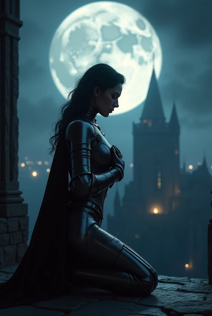 ((masterpiece, top quality, high resolution, highly detailed CG unified 8K wallpaper)), (huge stunning goddess shot, very hot and sexy, jaw dropping beauty, perfect proportions, beautiful body, slim body beauty:1.3),  Moonlit Confession, On the balcony of an old castle at night, a female knight crouches on one knee and gazes at you, A female knight in medieval armor, crouching on one knee, administers the knightly oath to you, a huge full moon in the background, lighting from behind, hands on her chest as she offers you the knight's oath, black armor shining in the moonlight,