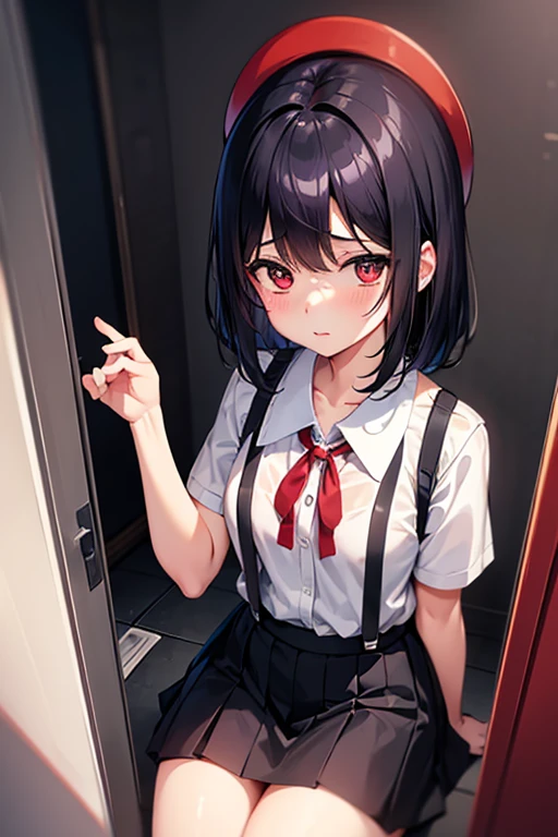 Young, , black hair, white blouse, red suspender skirt, school toilet, Hanako-san, late night, ghost story, madness