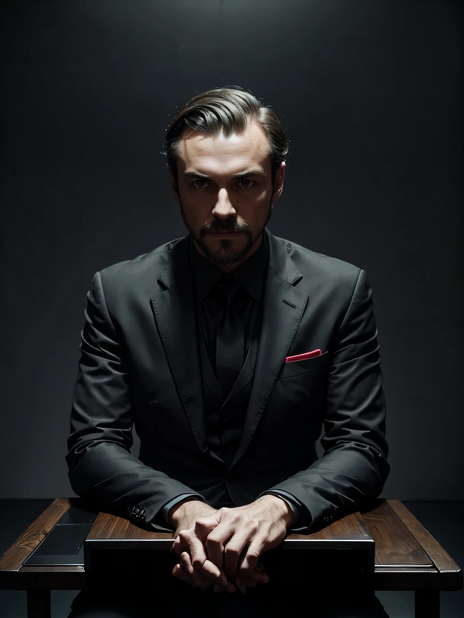 A man sitting on a chair in a black suit, in front of him a large black table that covers the entire space, the man stains his hands on the table and in the center of the table there is a red button