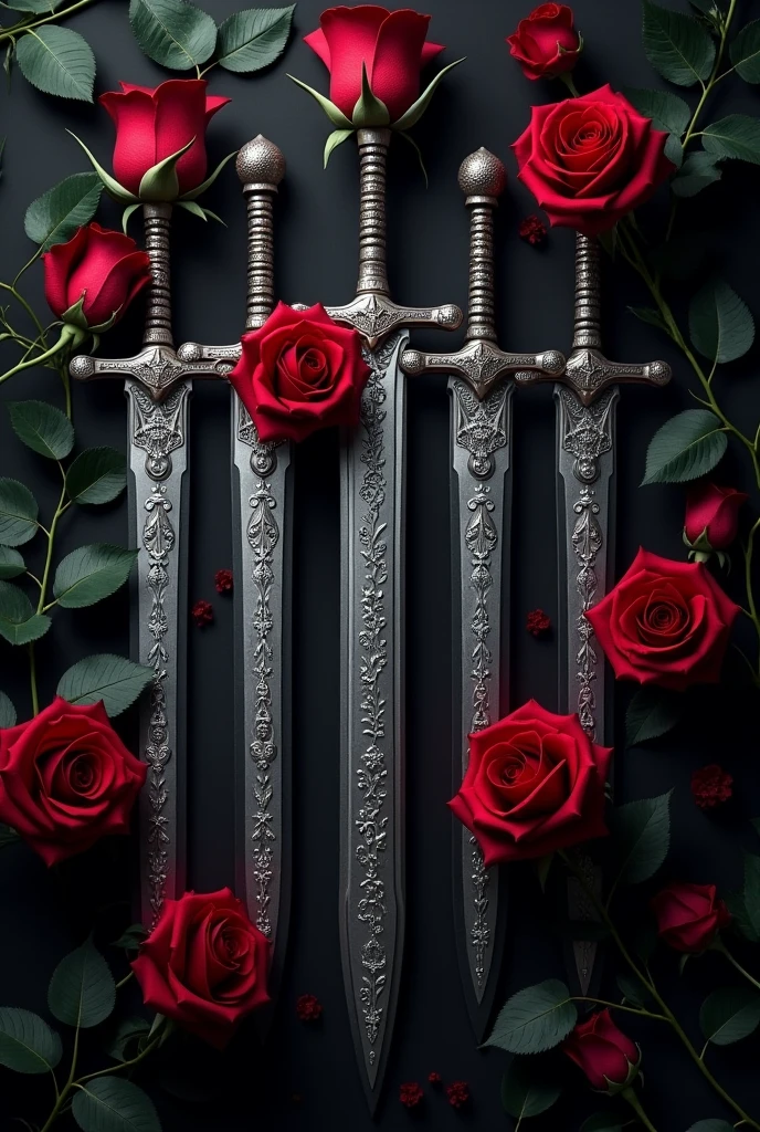 Buchcover, dark background
, silver weapons decorated with dark red roses