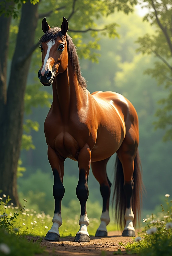 Freiberger horse, small blaze, right hind foot white, woods