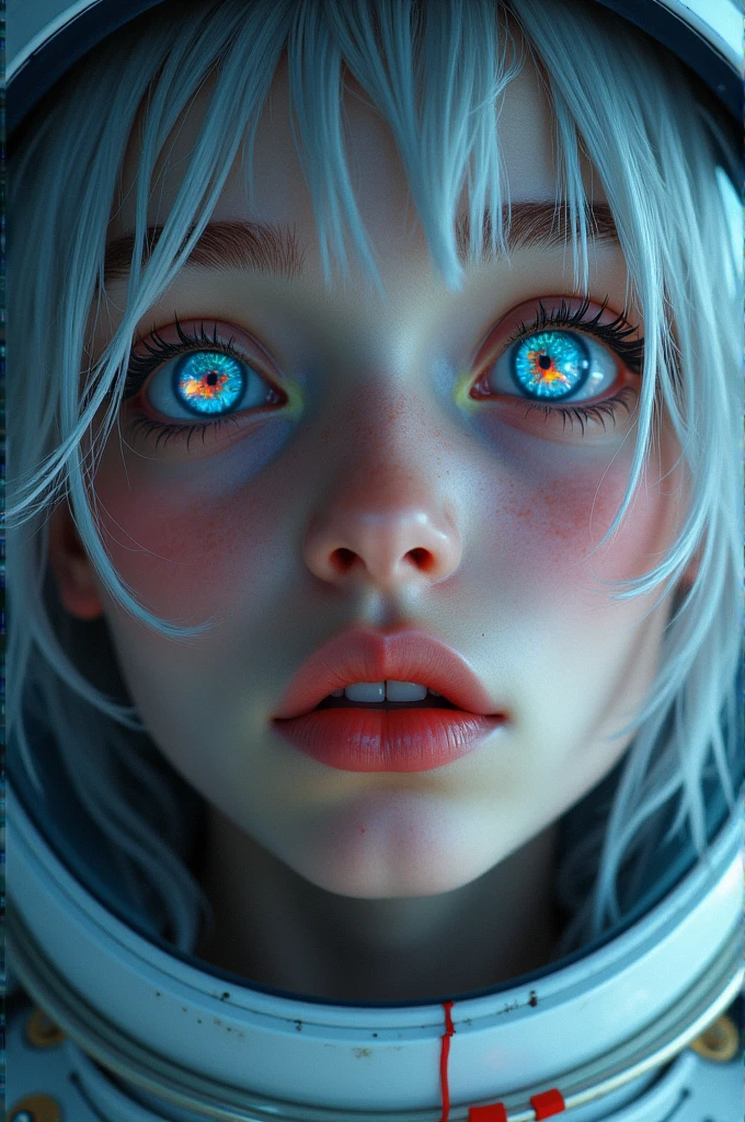 (Close-up of a better masterpiece: 1.5) 0.9], (Space and astronauts: 1.2) (Disheveled silver hair: 1.1) (Xanthochromia heterochromia and blue eyes: 1.2) (space helmet: 1.0) (colorful stars in the eyes: 1.0) (A radiant glow: 1.1) (thick lips: 0.9)