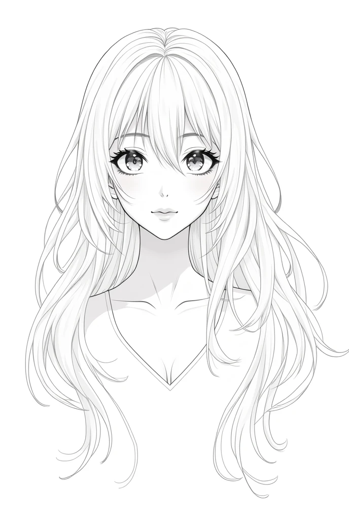 Anime, woman, long hair, portrait format, only line art, no color, full face, looking straight