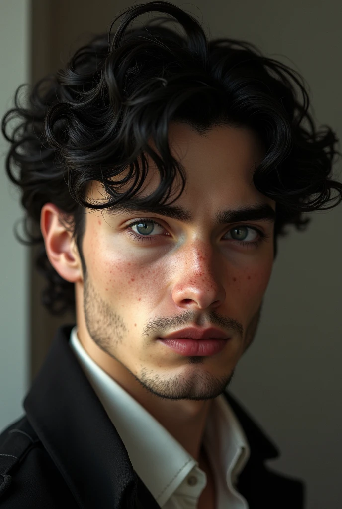 Handsome man with curly black hair, sleepy blue eyes, freckles, fair skin and a long nose