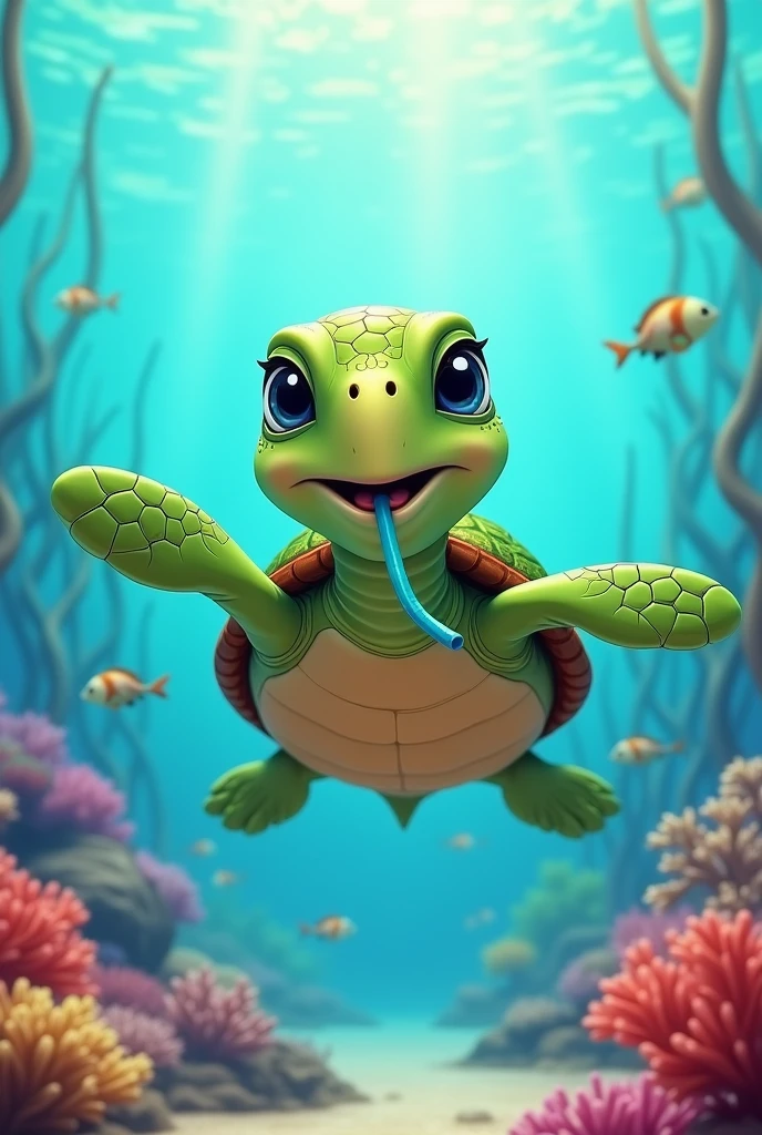 Cartoon sea turtle with a straw in its mouth