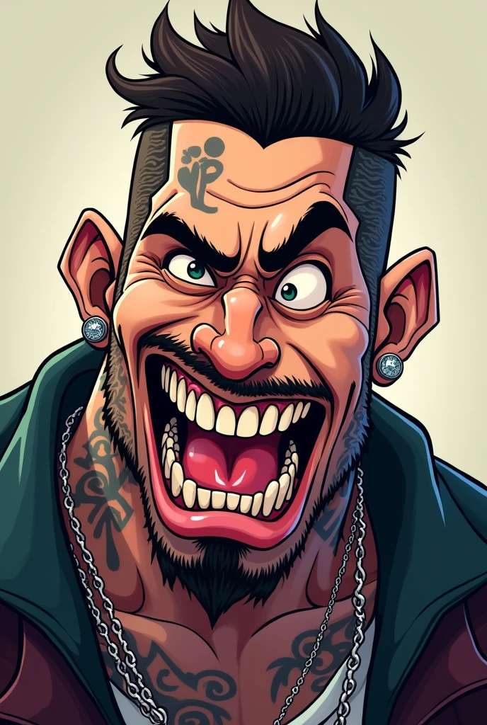 The face of a male gangster character with tattoos, diamond piercings and teeth, showing tongue in cartoon

