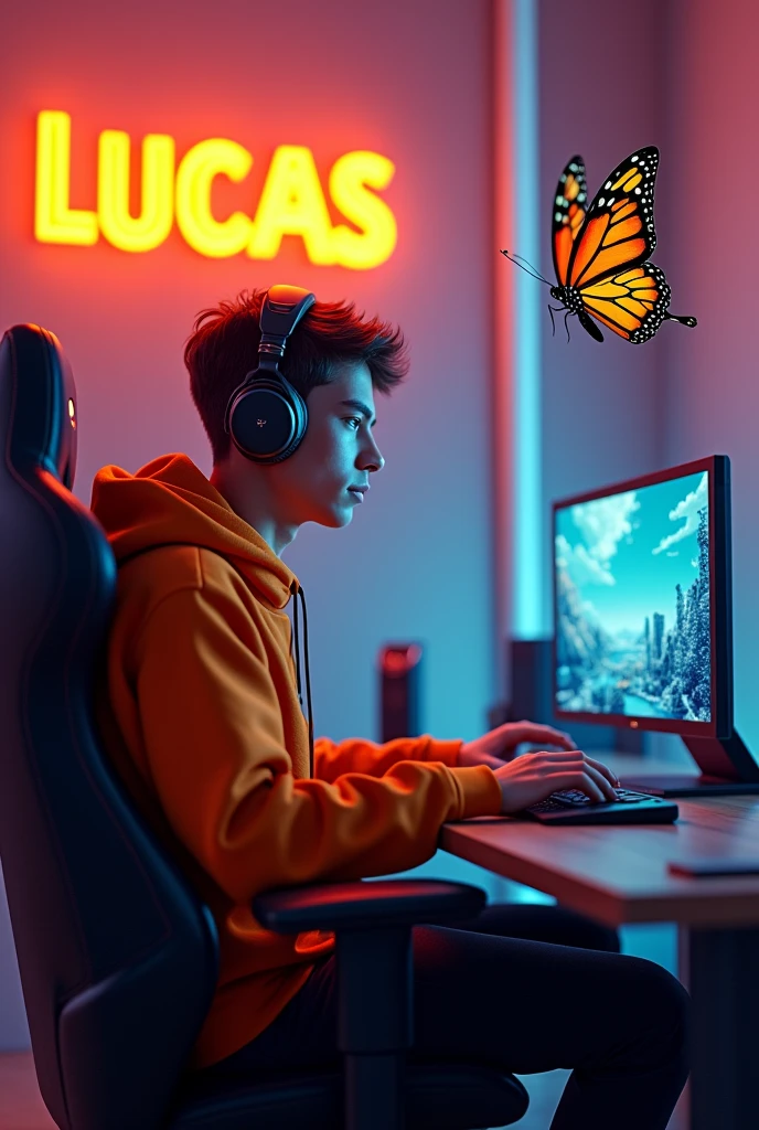 Filme poster, borboleta, ficção científica, Filme, Atmosfera, Create a realistic 3D image of a man sitting in a gaming room on a gaming chair and playing the Free Fire app on his PC. The boy should be wearing a dark orange hoodie and headphones and his name "Lucas Artt" is written on the wall in orange neon light.
