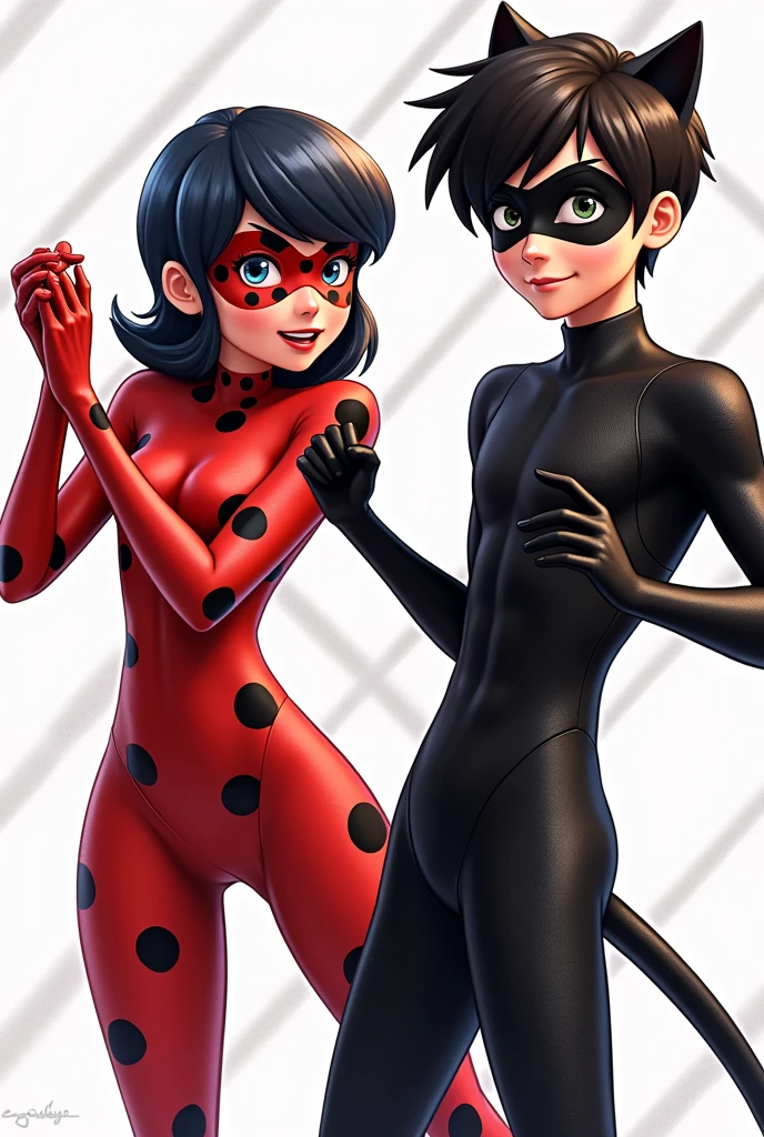 Create a high-quality, detailed illustration of Marinette Dupain-Cheng (Ladybug) and Adrien Agreste (Chat Noir) from the action-comedy television series "ZAG HEROEZ MIRACULOUS™ - Tales of Ladybug & Cat Noir." The goal is to render both characters with enhanced animation quality, showcasing their iconic costumes, detailed features, and distinctive hairstyles. Follow these guidelines:
1. Marinette Dupain-Cheng (Ladybug):
Pose and Expression: Depict Ladybug in a dynamic, action-oriented pose, reflecting her agility and heroic nature. Her expression should convey confidence and determination.
Costume: Render her iconic Ladybug costume with a vibrant red and black color scheme. The suit should feature distinctive black spots of varying sizes and shapes. The material should look sleek and high-tech, with a glossy finish.
Mask: Her mask should be red with black spots, matching her costume. The mask should fit her face perfectly, with detailed patterns and textures. Her eyes should be blue, showing through the mask.
Accessories: Include her magical yo-yo, depicted with bright, clear colors and intricate details. The yo-yo should look functional and dynamic, possibly showing motion if she’s using it in action.
Hairstyle: Marinette’s signature hairstyle is a “half-up, half-down” look with pigtail buns. Her dark hair should be styled with the top section pulled back into two pigtail buns, while the rest falls freely. The hairstyle should be portrayed with detailed texture to reflect its volume and natural flow.
2. Adrien Agreste (Chat Noir):
Pose and Expression: Show Chat Noir in a confident, action-ready stance. His expression should be playful yet determined, capturing his charismatic personality.
Costume: Render Chat Noir in his sleek, black suit, which should appear shiny and form-fitting. The suit should have a black belt at the waist, with detailed textures that reflect the light.
Mask and Ears: His mask should be black, fitting snugly around his eyes. Include his dis