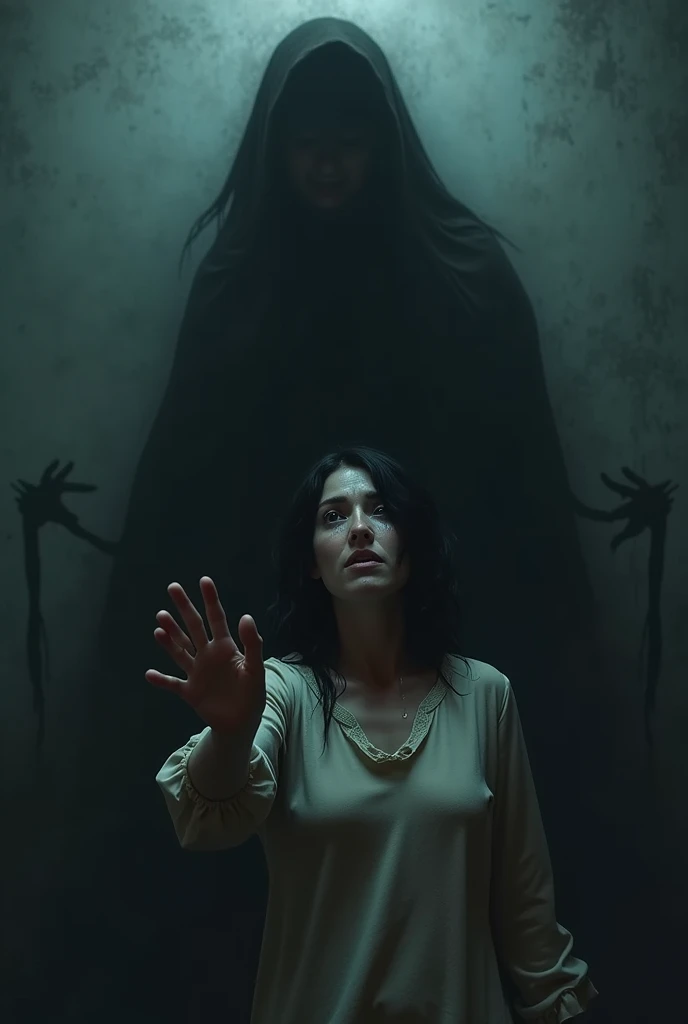 I want an image for a mystery story where a white girl with black hair and tears in her eyes appears.,where she is being harassed by an evil shadow where she is asking for help 