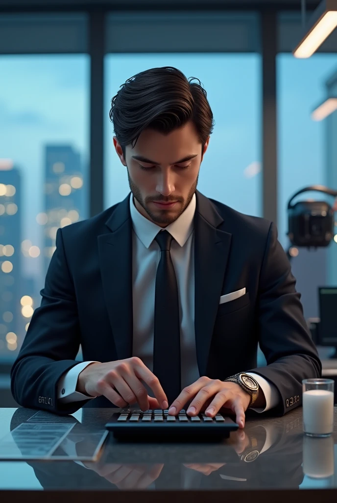 Handsome and attractive carzy newton working on calculator wearing formal suit luxurious office science lab