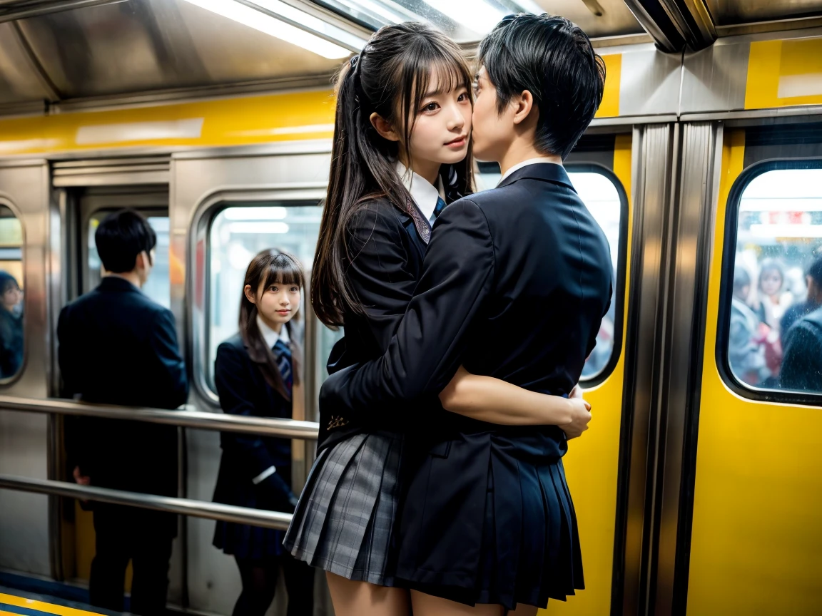 Browsing Caution, Crowded train, Japan , Handsome man hugging his girlfriend from behind, Talk in her ear, Lift her up, Miniskirt twisted up, 40k, photograph, masterpiece, Highest quality, Dark Gray Background, ((Japan girls' high school uniform)), An elderly man is leaning on her from behind、i held you up, Mr..々Strike a Pose.