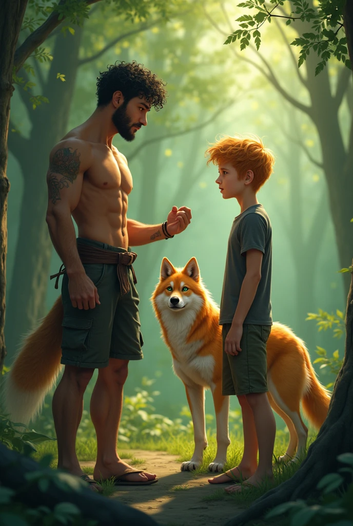 Cute teenage boy with short strawberry blonde hair wearing sweatpants and no t-shirt in the forest looking handsome with his dad with defined body green eyes short wavy black hair showing something to his son (wolves beautiful werewolves of strawberry blonde color white tail on the tip son, and green-eyed parents by the big black wolf) teaching your son to be a wolf