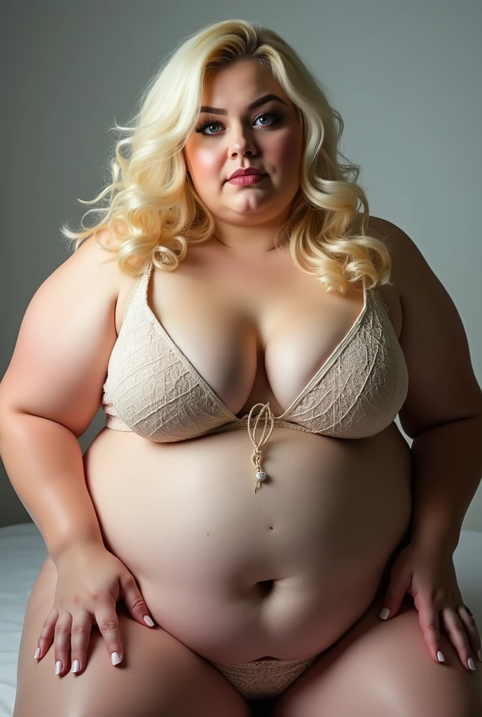 A 2 obese fat pale blonde blue eyed woman wearing a trashy top, proffessional light, photostudio, sex slave ready for cum