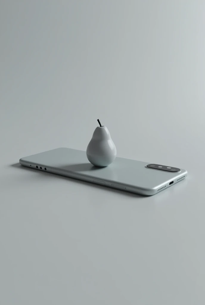 Take a sideways picture of a gray cell phone with a small gray pear symbol